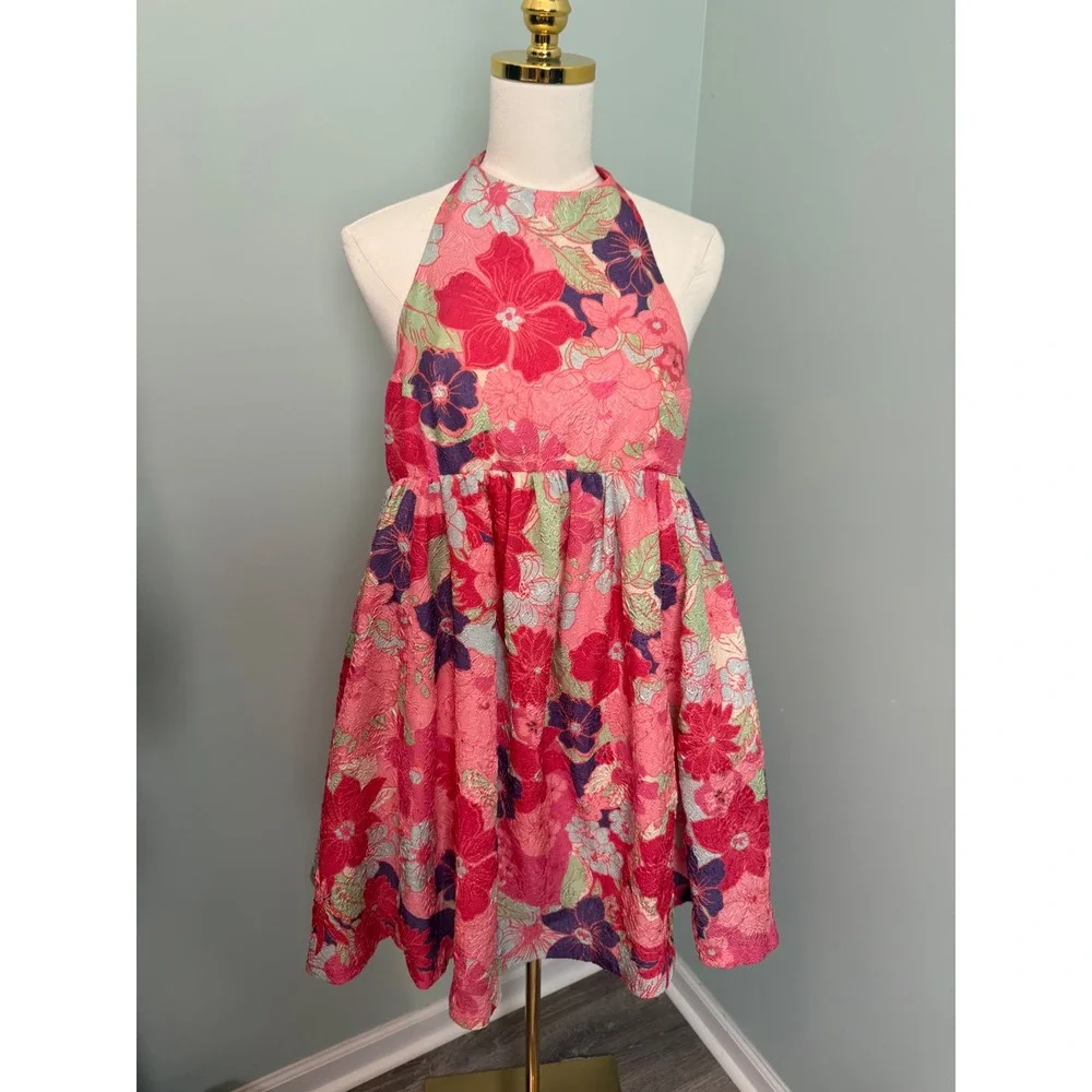 Free People Pink Floral‎ Jacquard Halter Mini Dress Open Back Size L New